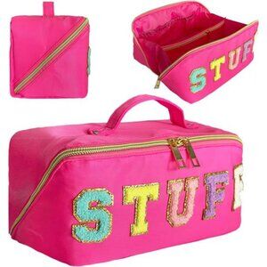 Pink Preppy Nylon Makeup Bag Stuff Cosmetic Travel Pouch Chenille Letter Bag